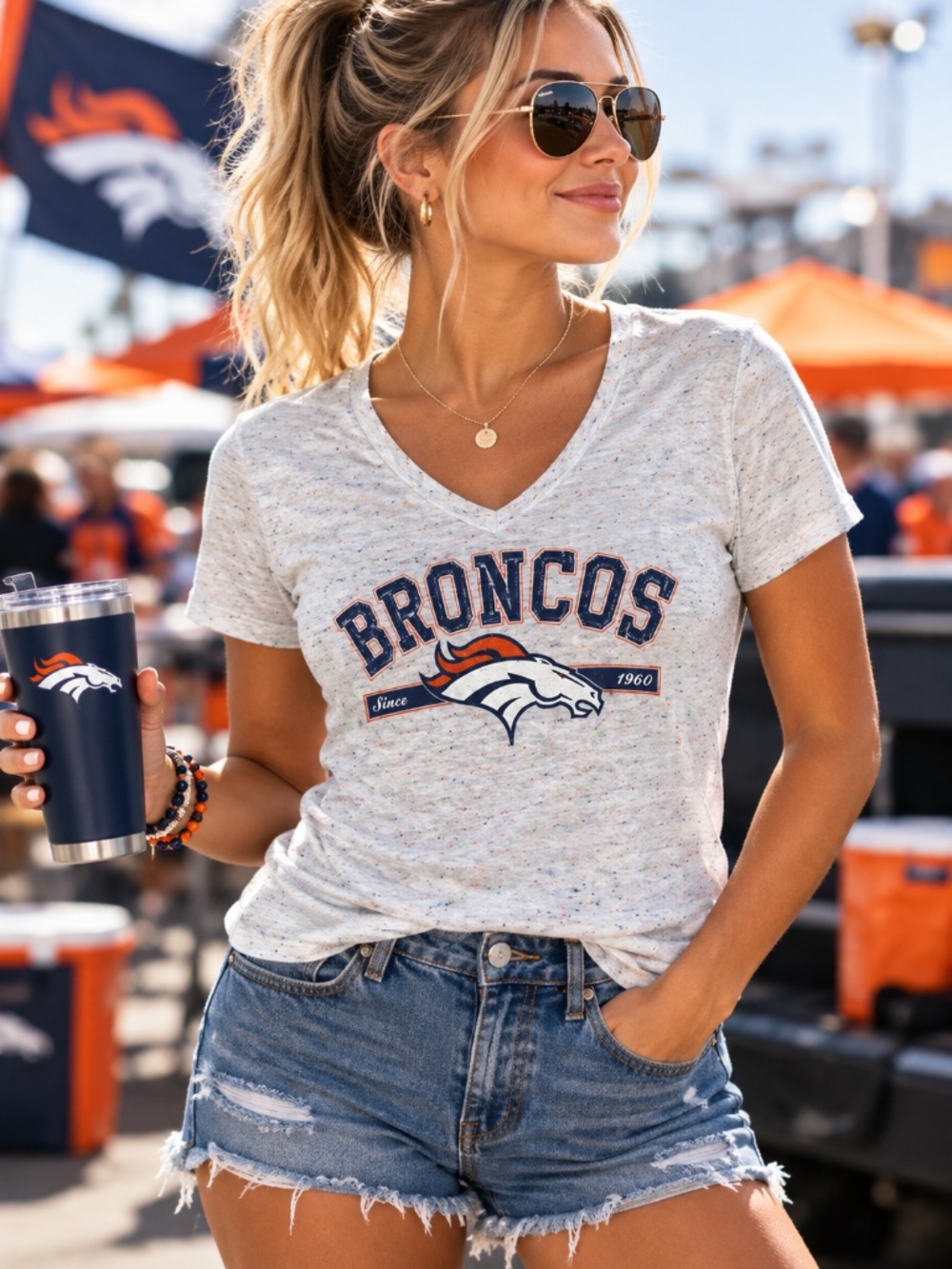 NFL Denver Broncos Women's Speckled V-Neck Tee - White with Orange & Blue Logo